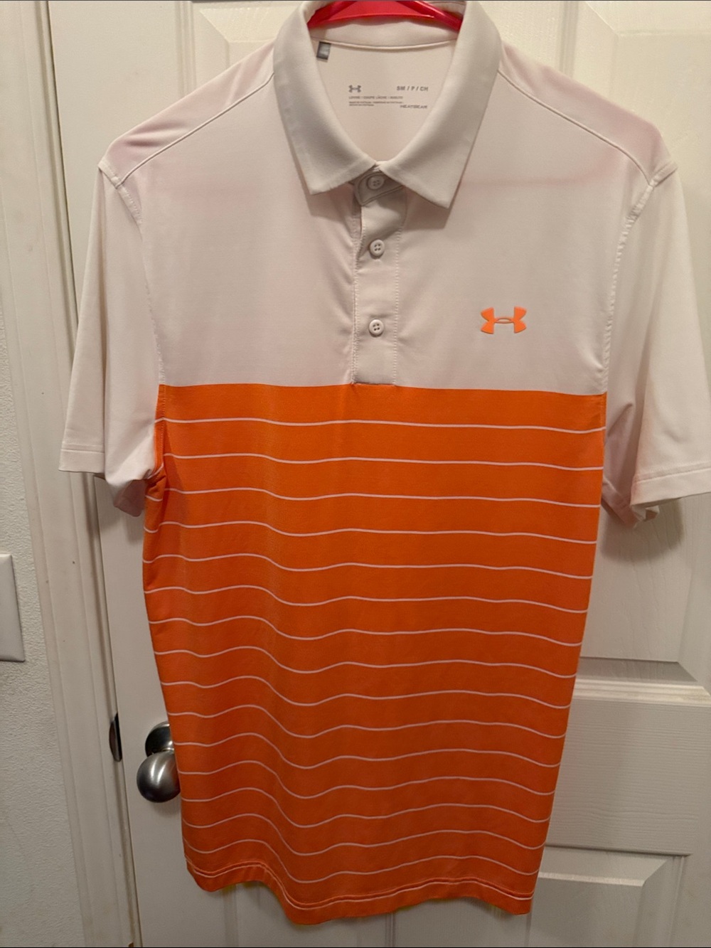Under Armour White and Orange Striped Men’s Polo
